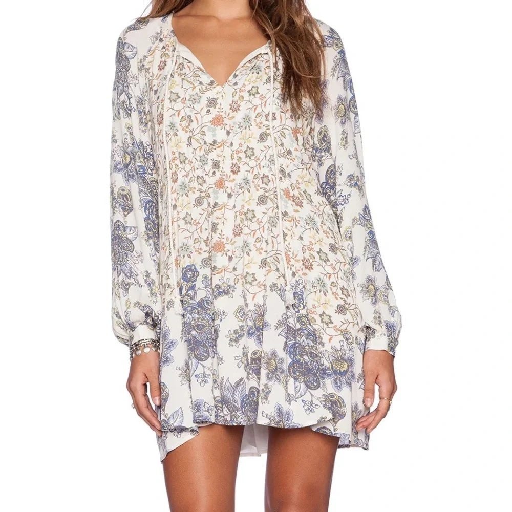Free People Lucky Loosey Dress Womens Medium Ivory Floral Boho Peasant Cottage
